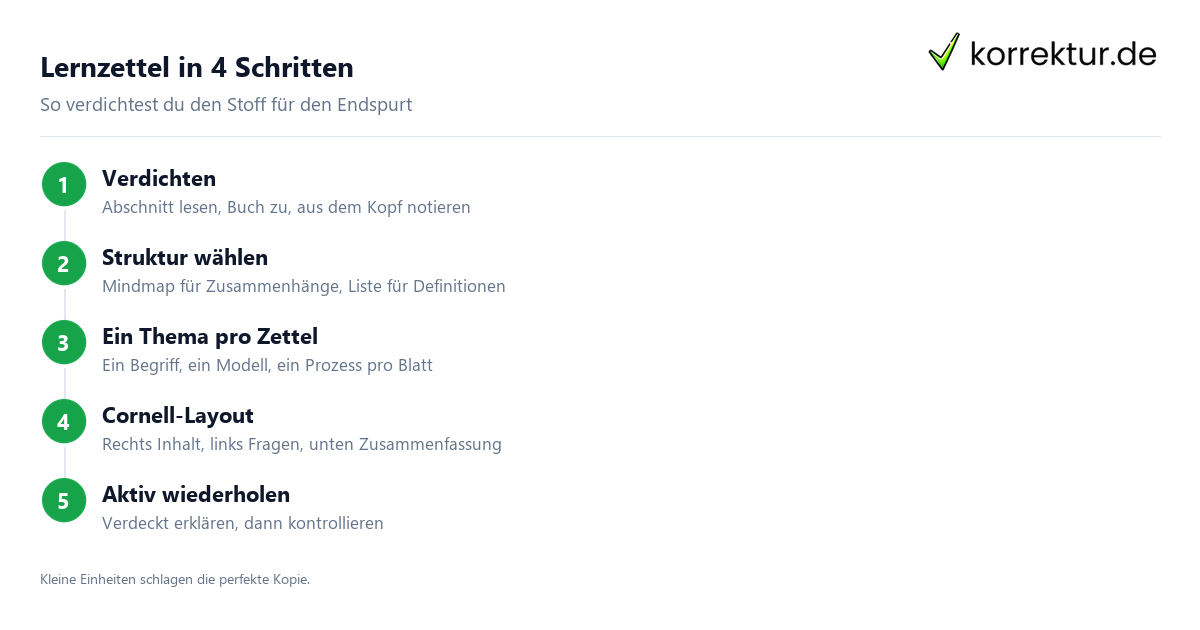 Lernzettel erstellen in 4 Schritten: verdichten, strukturieren, ein Thema pro Zettel, wiederholen