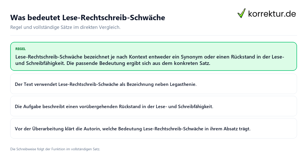 Konkrete Regel und vollständige Beispielsätze zu Was bedeutet Lese-Rechtschreib-Schwäche