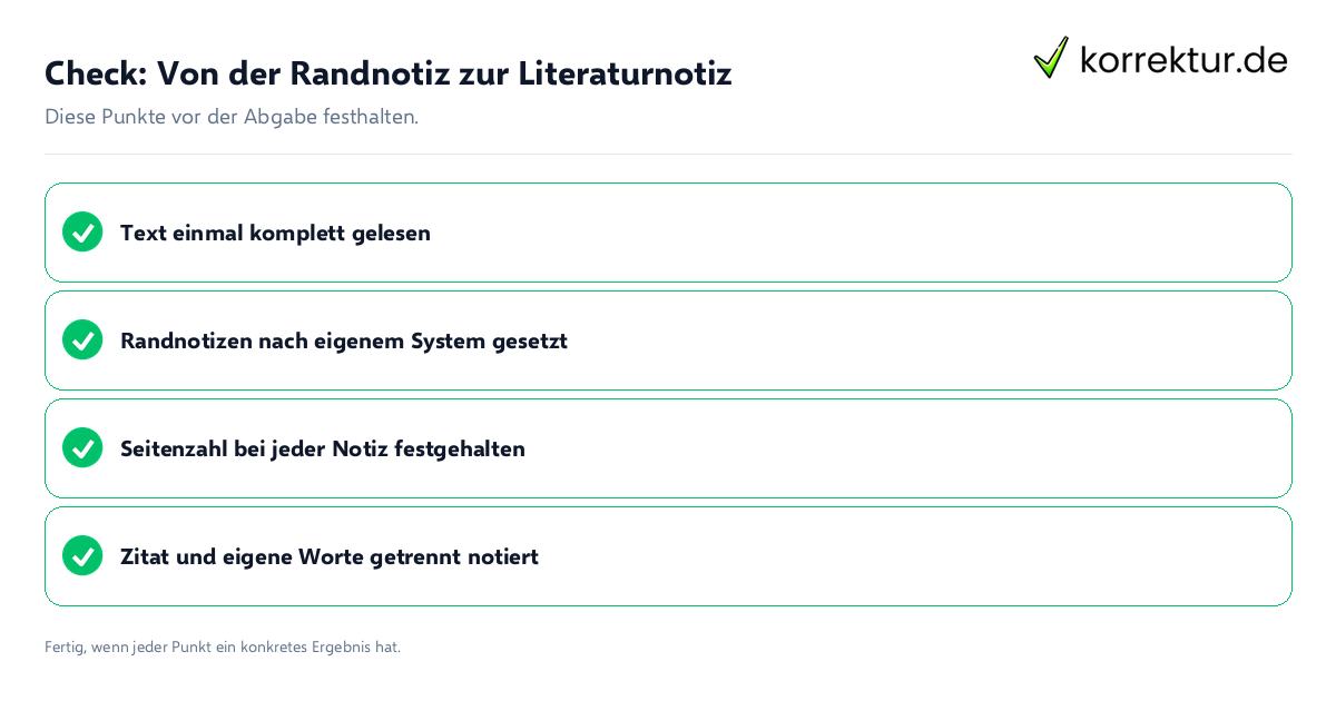 Check: Von der Randnotiz zur Literaturnotiz Von der Randnotiz zur Literaturnotiz: Prüfliste mit vier Punkten