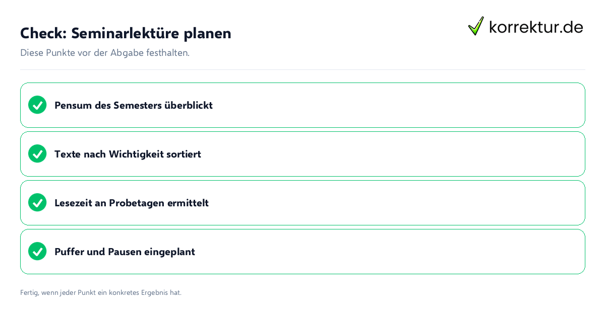 Check: Seminarlektüre planen Seminarlektüre planen: Prüfliste mit vier Punkten