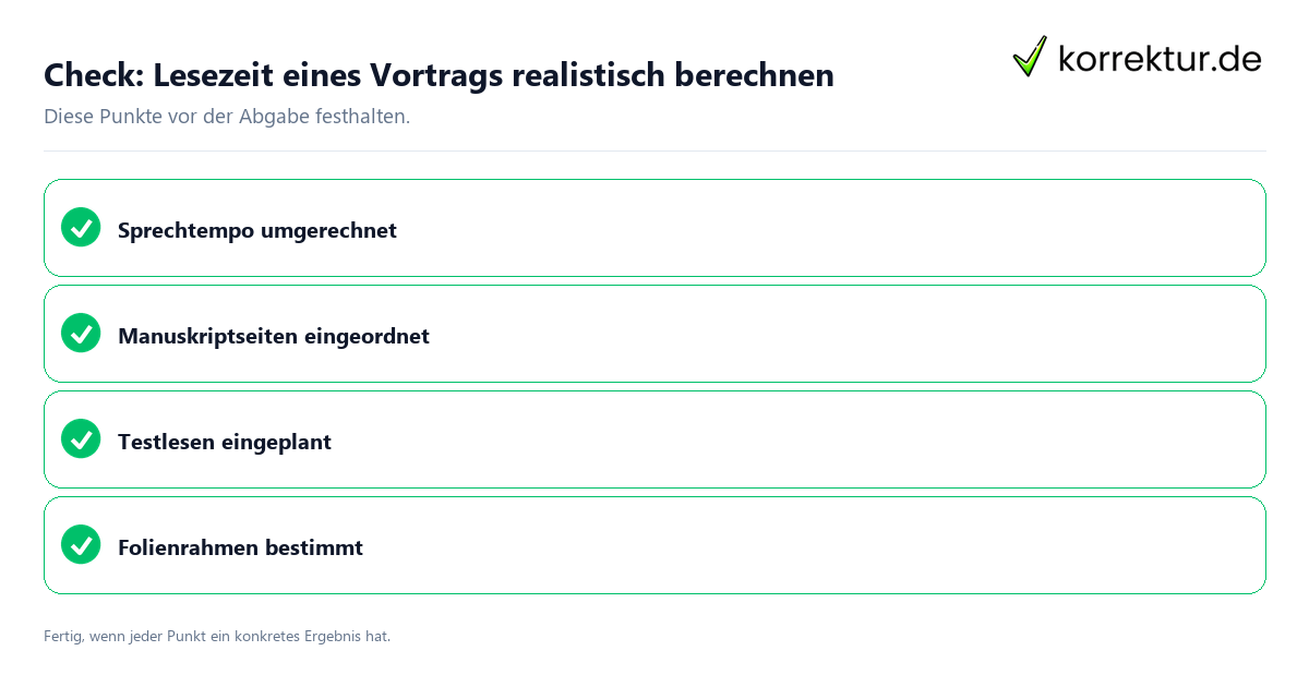 Lesezeit eines Vortrags realistisch berechnen: Prüfliste mit vier Punkten
