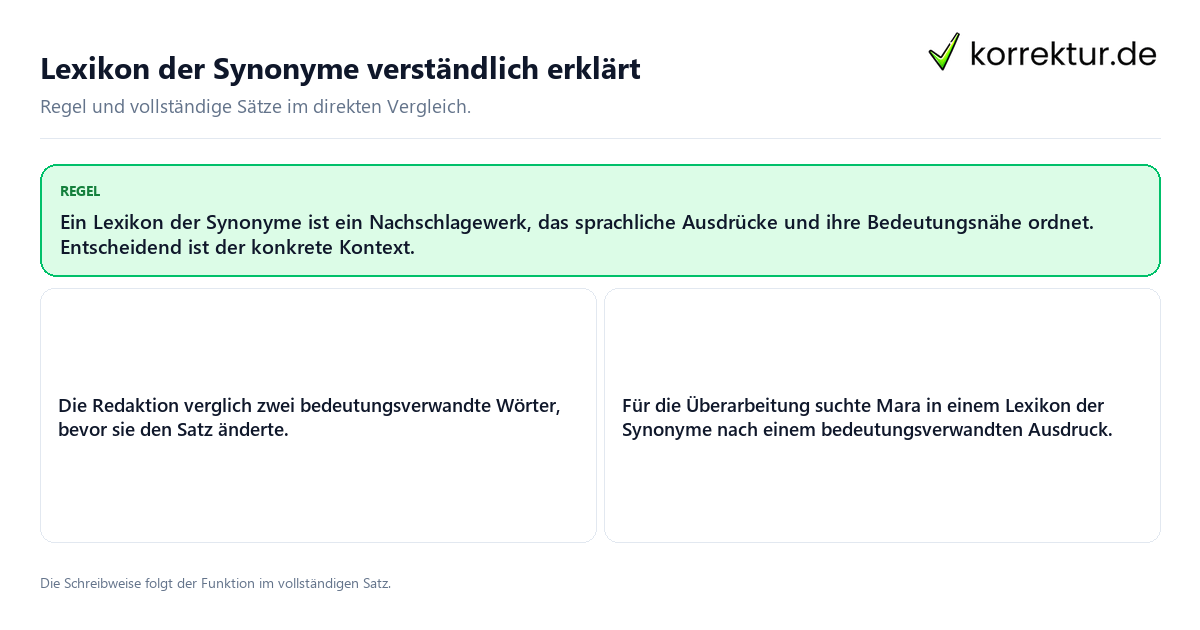 Konkrete Regel und vollständige Beispielsätze zu Lexikon der Synonyme verständlich erklärt