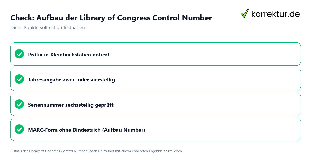 Aufbau der Library of Congress Control Number mit einer themenspezifischen Checkliste