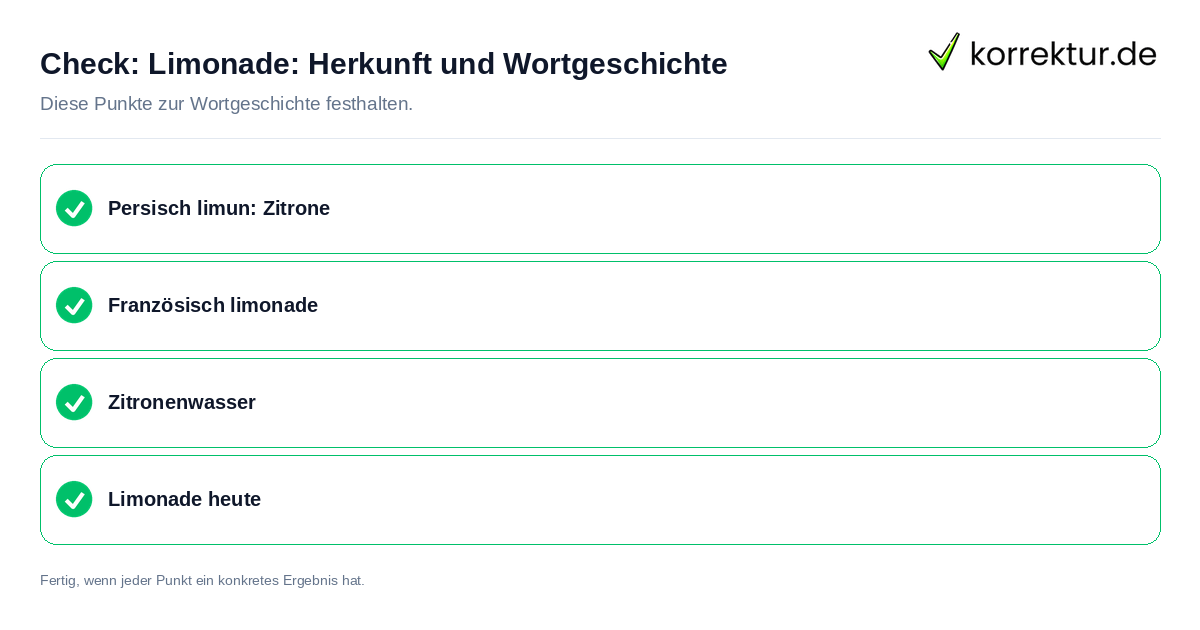 Limonade: Herkunft und Wortgeschichte: Prüfliste mit vier Punkten
