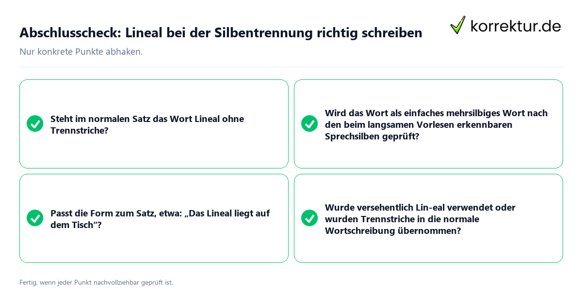 Konkreter Abschlusscheck zu Lineal bei der Silbentrennung richtig schreiben