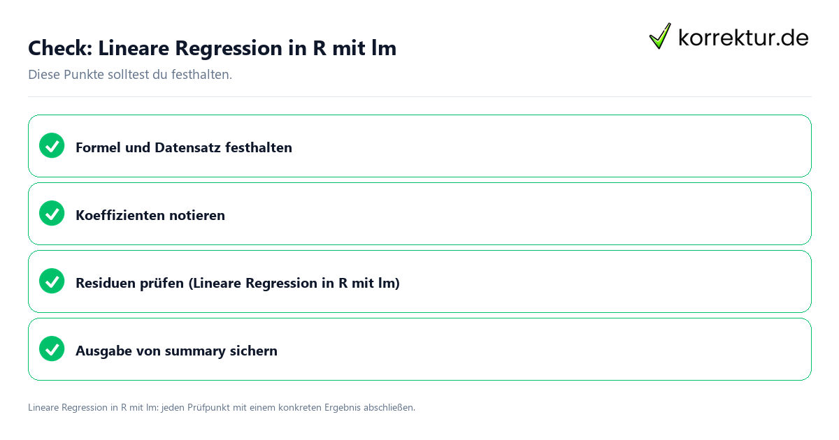 Lineare Regression in R mit lm mit einer themenspezifischen Checkliste