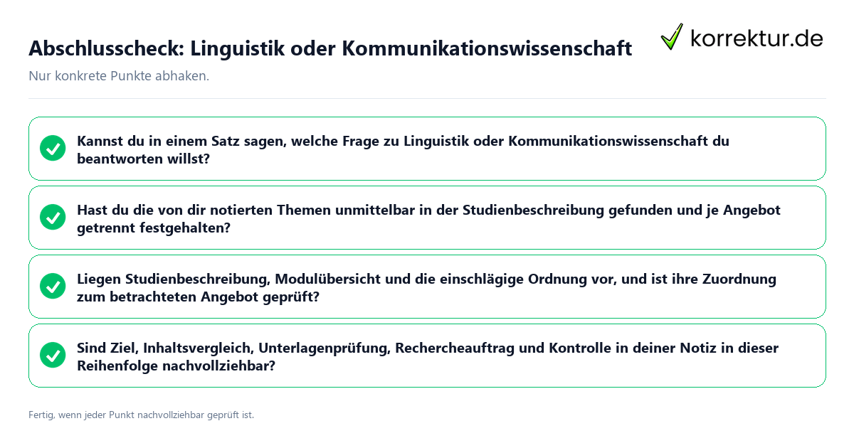 Konkreter Abschlusscheck zu Linguistik oder Kommunikationswissenschaft