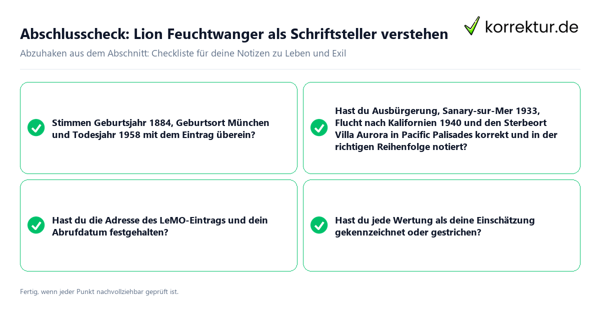 Konkreter Abschlusscheck zu Lion Feuchtwanger als Schriftsteller verstehen