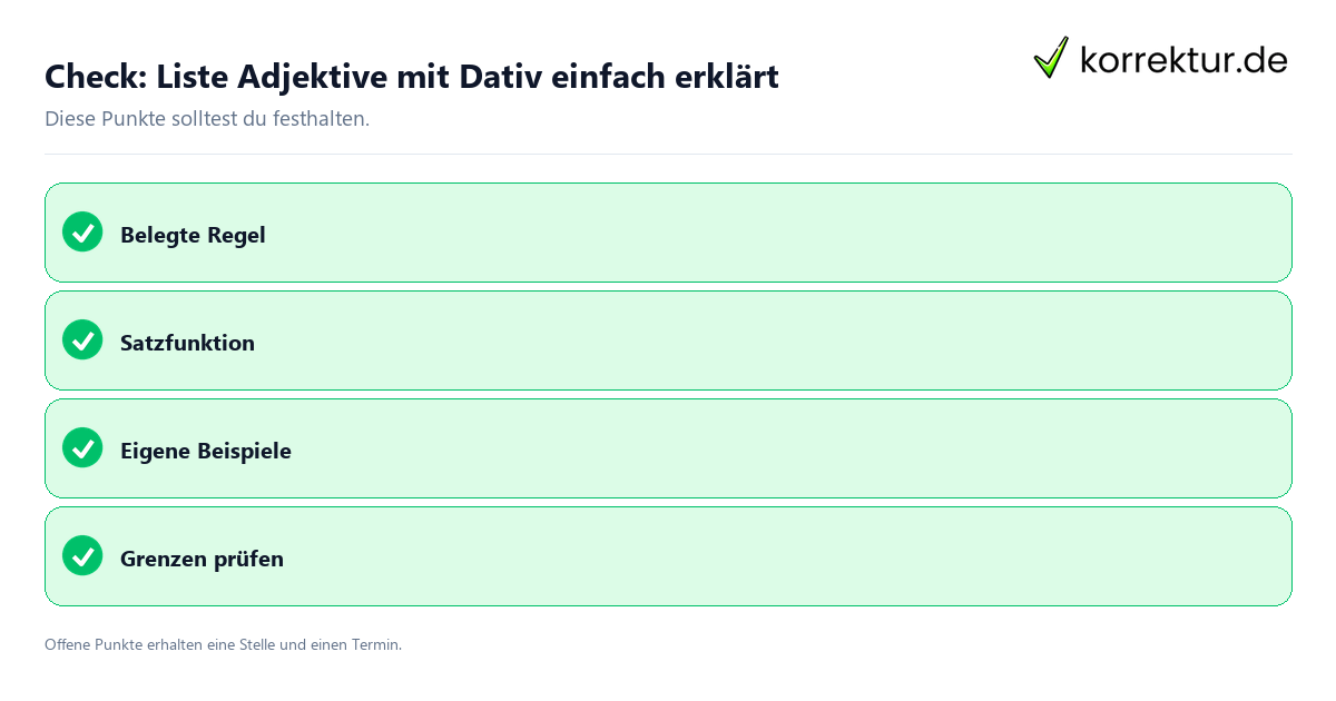 Check: Liste Adjektive mit Dativ einfach erklärt Liste Adjektive mit Dativ einfach erklärt mit Checkliste für Unterlagen und nächste Schritte
