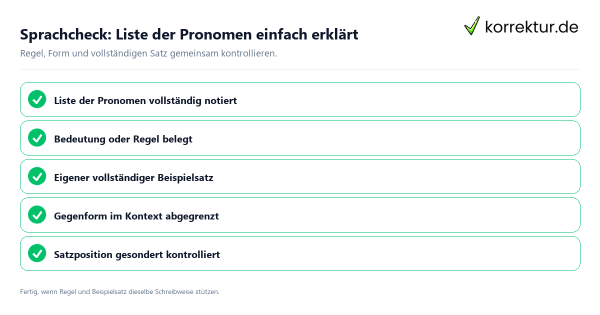 Konkreter Sprachcheck zu Liste der Pronomen einfach erklärt mit Regel und vollständigem Beispielsatz