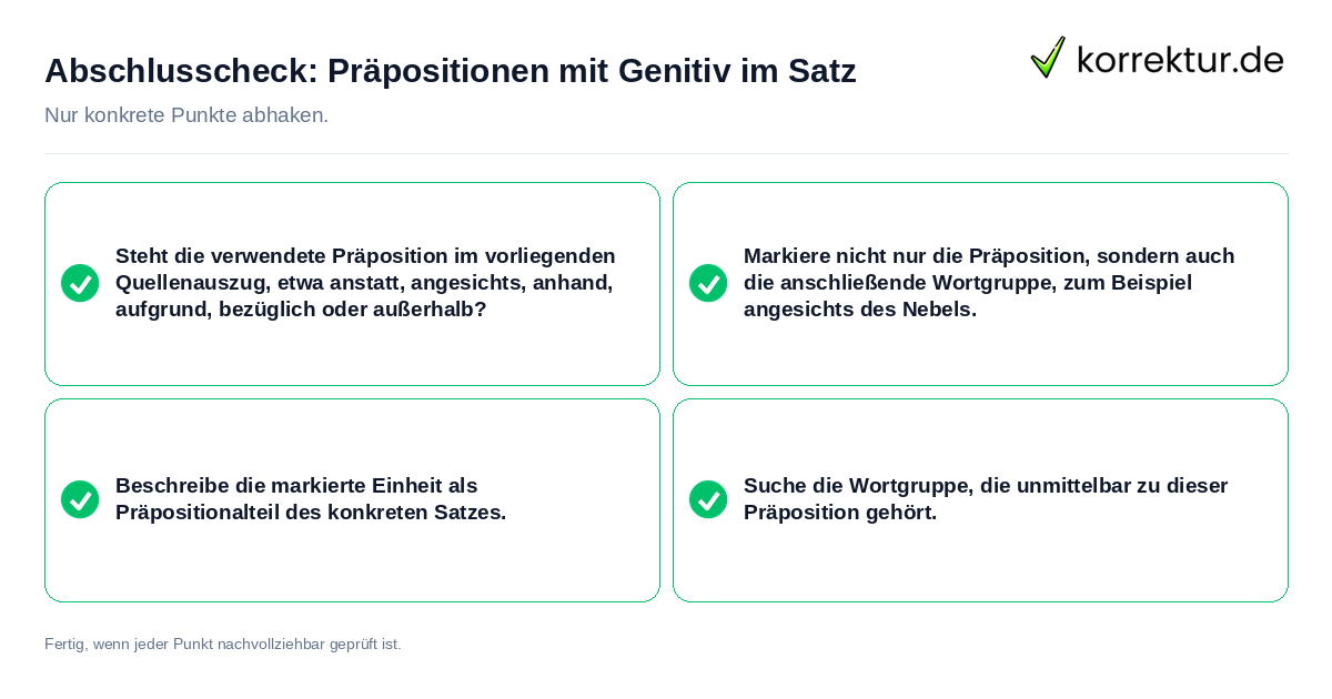 Abschlusscheck: Präpositionen mit Genitiv im Satz Konkreter Abschlusscheck zu Präpositionen mit Genitiv im Satz