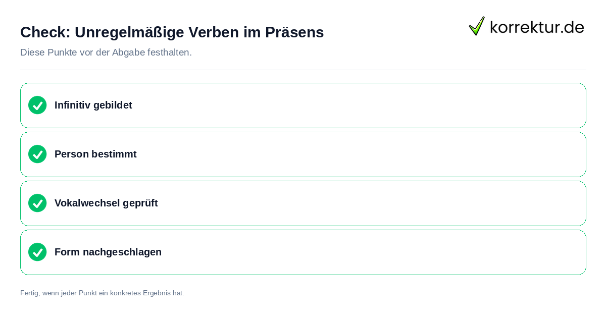 Unregelmäßige Verben im Präsens: Prüfliste mit vier Punkten
