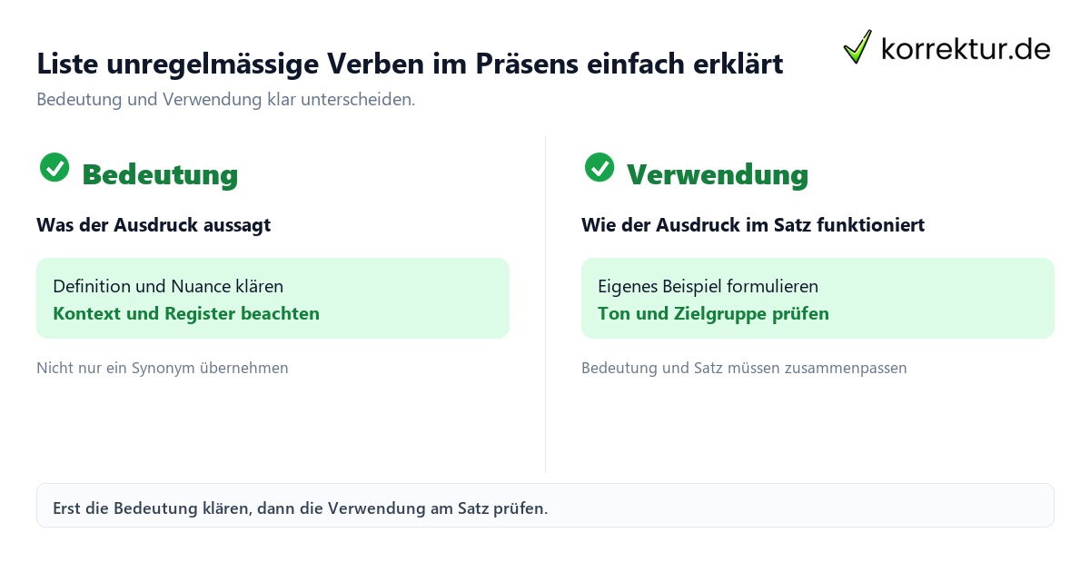 Liste unregelmässige Verben im Präsens einfach erklärt mit Bedeutung und passender Verwendung im Vergleich
