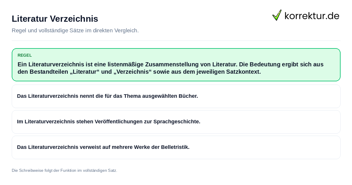 Konkrete Regel und vollständige Beispielsätze zu Literatur Verzeichnis