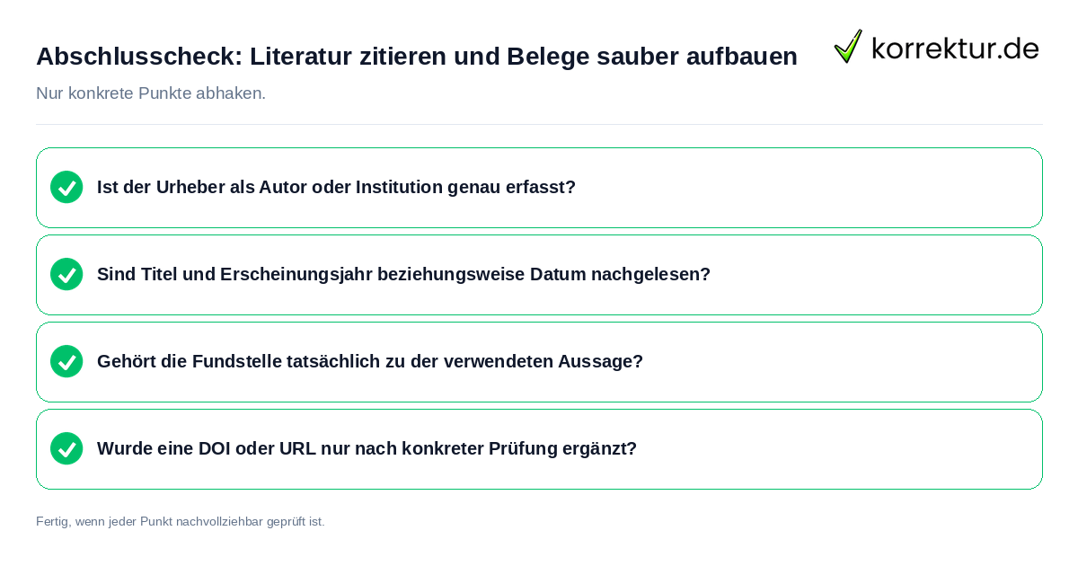 Konkreter Abschlusscheck zu Literatur zitieren und Belege sauber aufbauen