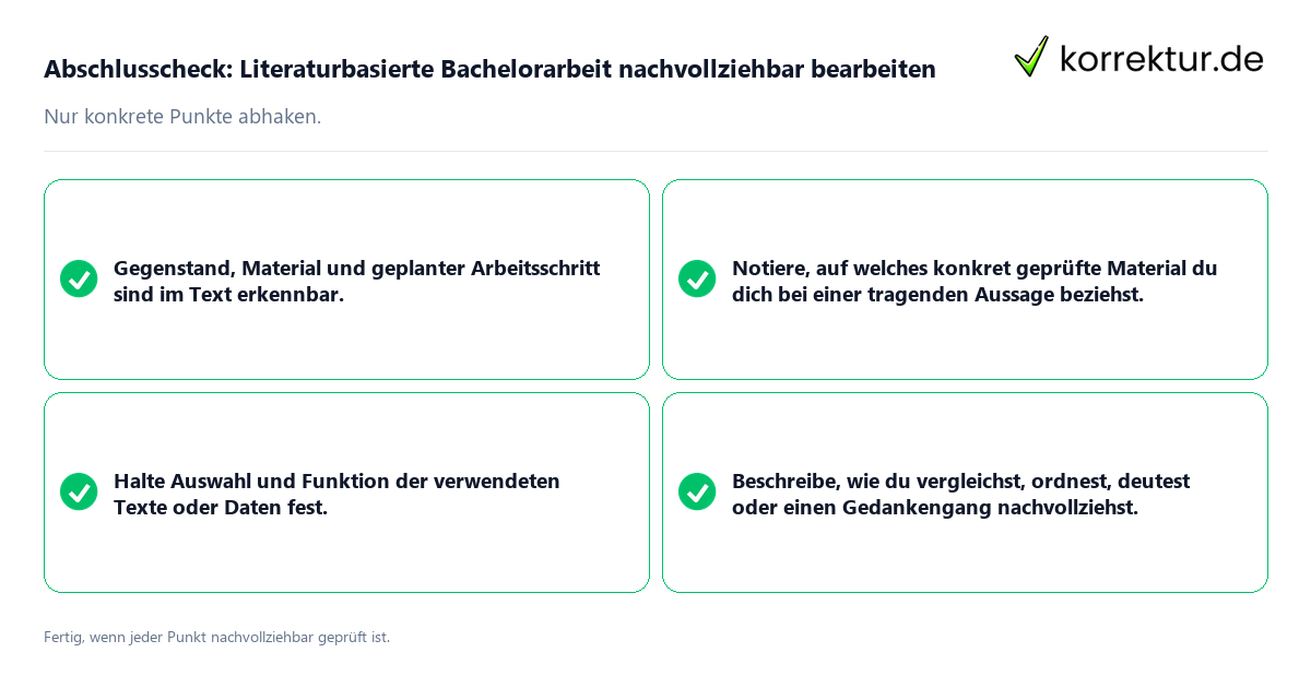 Konkreter Abschlusscheck zu Literaturbasierte Bachelorarbeit nachvollziehbar bearbeiten