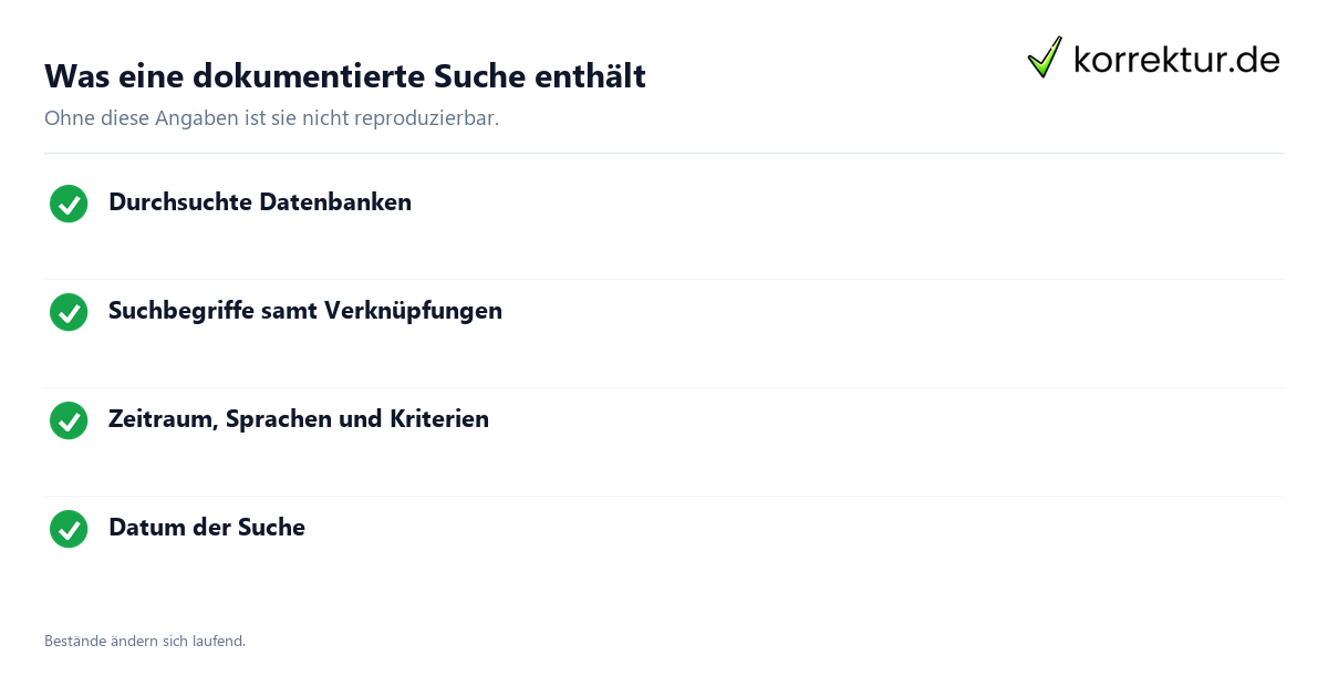 Was eine dokumentierte Suche enthält Literaturrecherche: Angaben zur Dokumentation