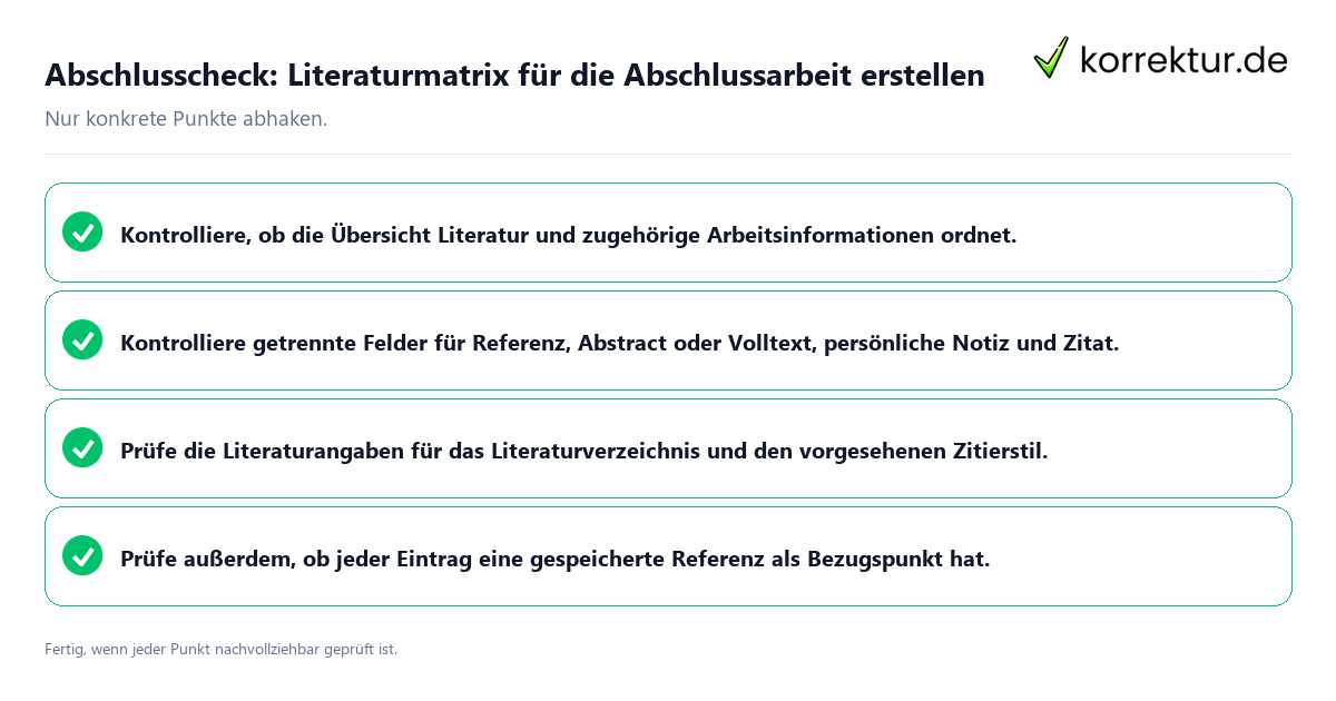Konkreter Abschlusscheck zu Literaturmatrix für die Abschlussarbeit erstellen