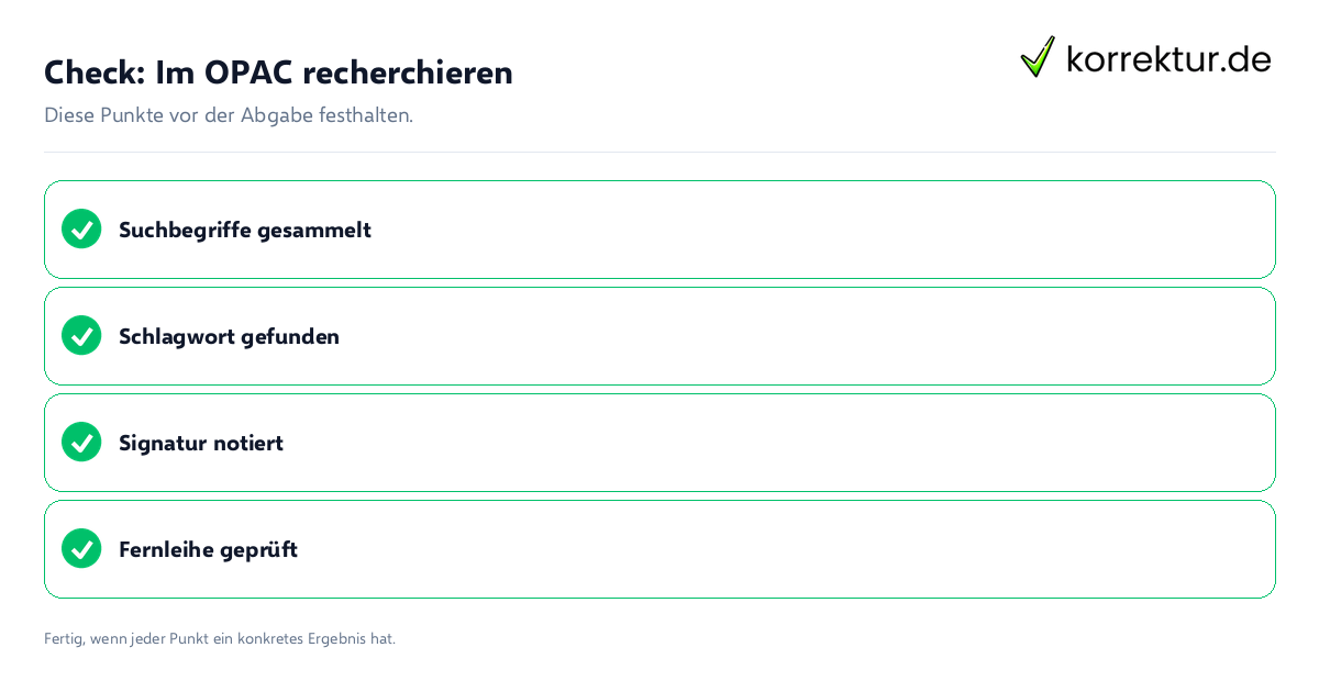 Check: Im OPAC recherchieren Im OPAC recherchieren: Prüfliste mit vier Punkten