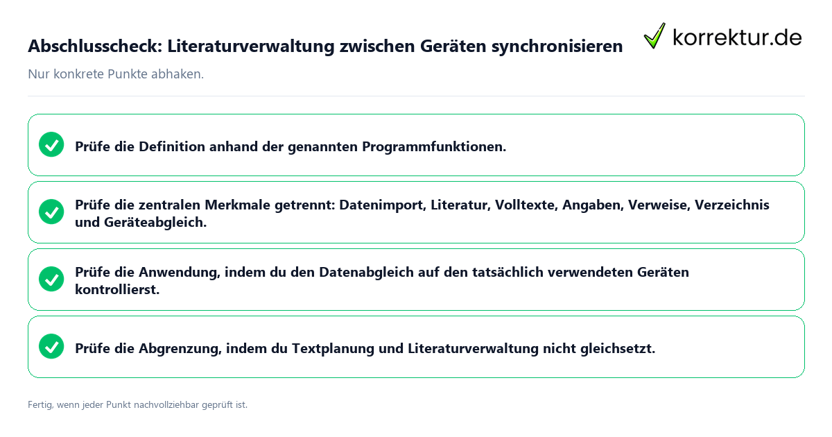 Konkreter Abschlusscheck zu Literaturverwaltung zwischen Geräten synchronisieren