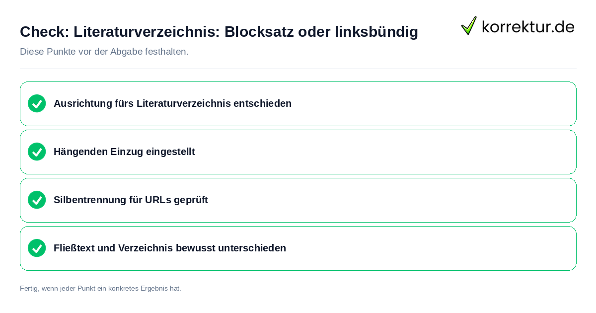 Literaturverzeichnis: Blocksatz oder linksbündig: Prüfliste mit vier Punkten