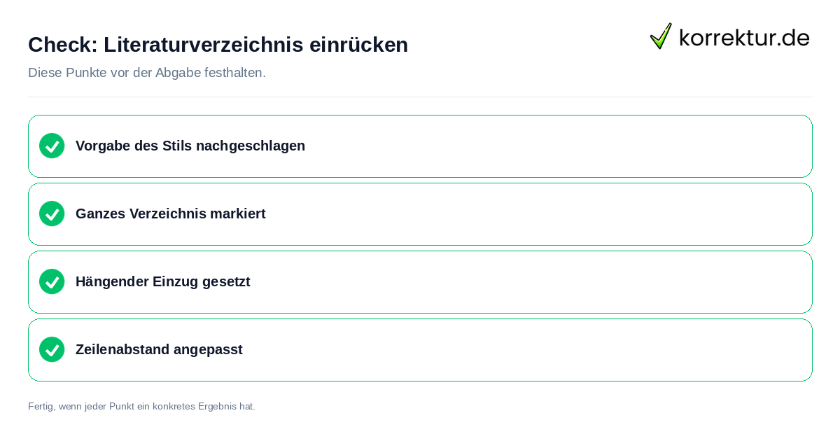 Check: Literaturverzeichnis einrücken Literaturverzeichnis einrücken: Prüfliste mit vier Punkten