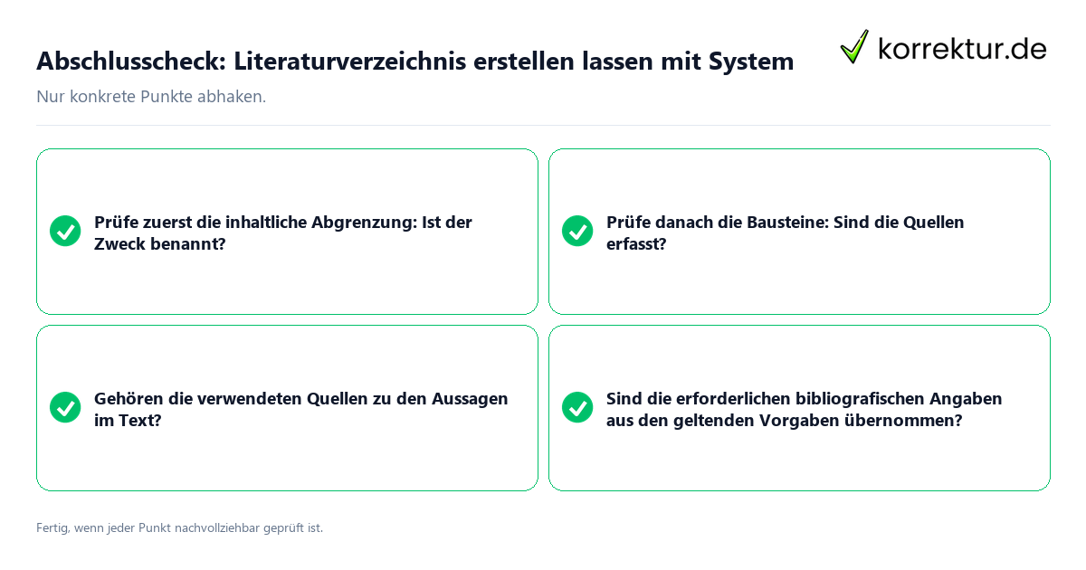 Konkreter Abschlusscheck zu Literaturverzeichnis erstellen lassen mit System
