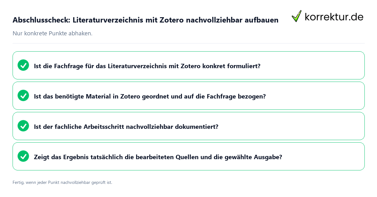Konkreter Abschlusscheck zu Literaturverzeichnis mit Zotero nachvollziehbar aufbauen
