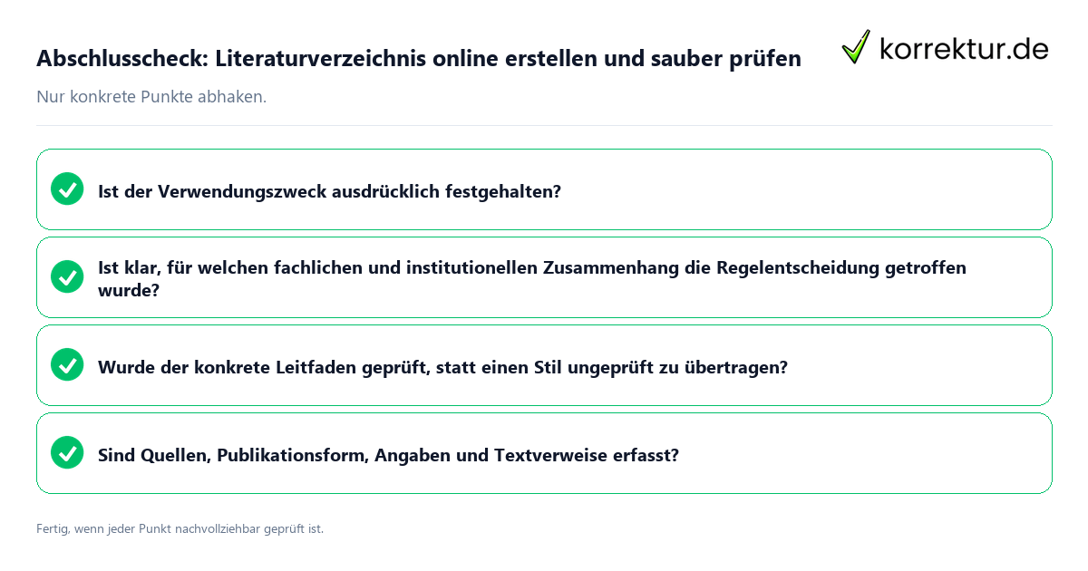 Konkreter Abschlusscheck zu Literaturverzeichnis online erstellen und sauber prüfen
