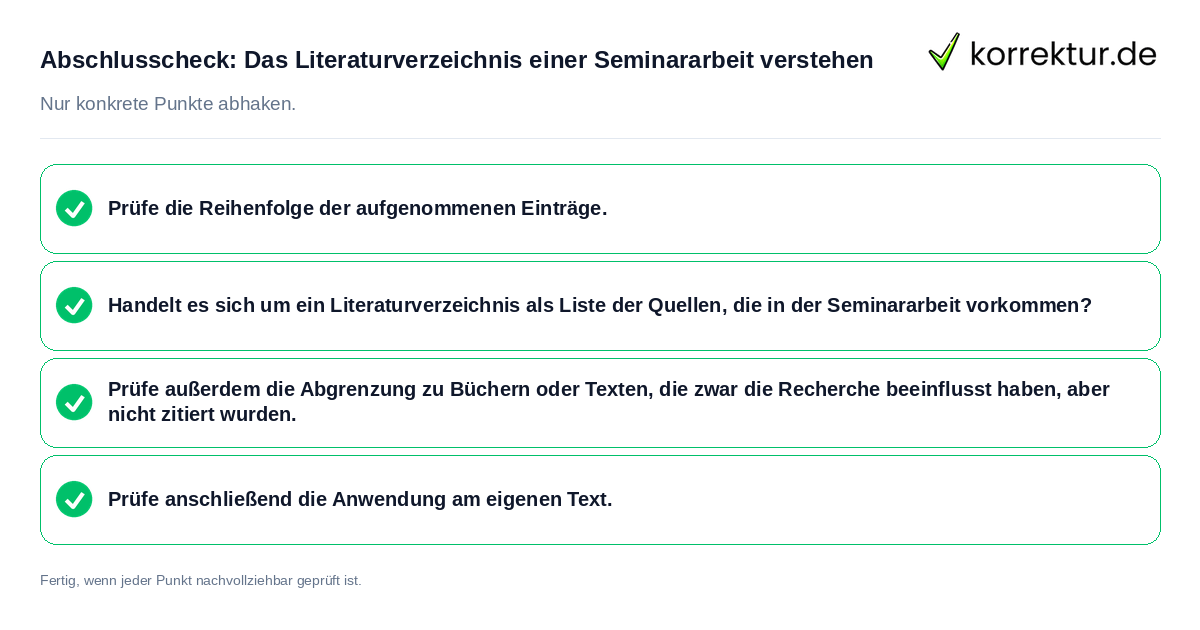 Konkreter Abschlusscheck zu Das Literaturverzeichnis einer Seminararbeit verstehen
