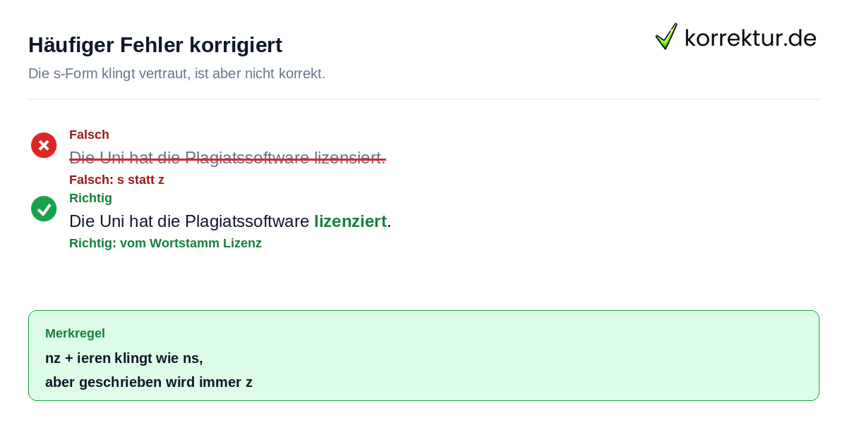 Häufiger Fehler korrigiert Rotstift-Korrektur: lizensieren falsch, lizenzieren richtig