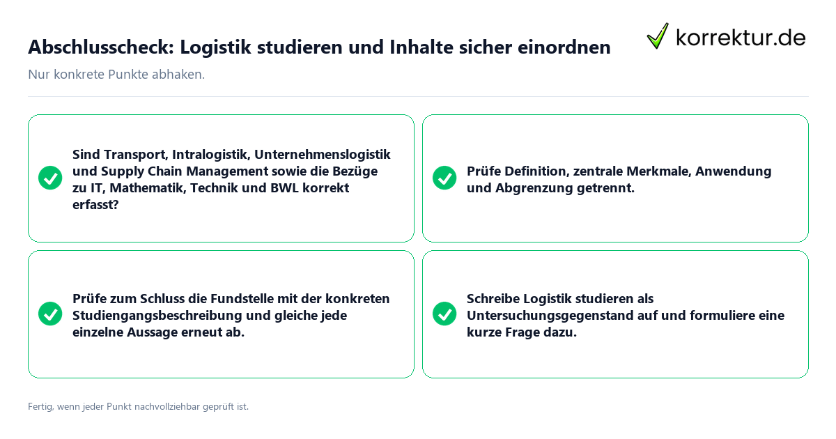 Konkreter Abschlusscheck zu Logistik studieren und Inhalte sicher einordnen