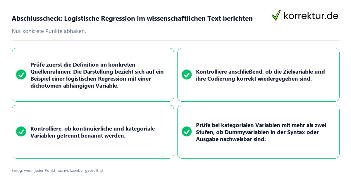 Konkreter Abschlusscheck zu Logistische Regression im wissenschaftlichen Text berichten