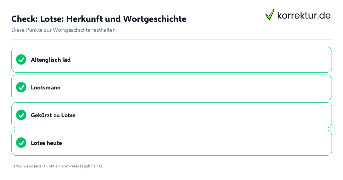 Lotse: Herkunft und Wortgeschichte: Prüfliste mit vier Punkten