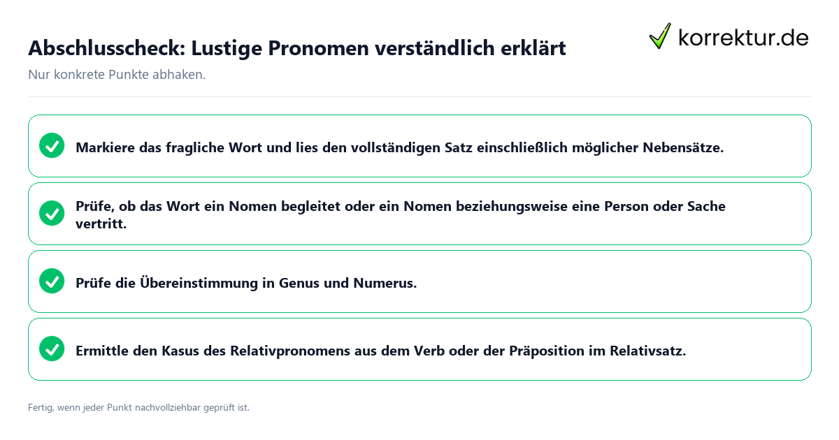 Abschlusscheck: Lustige Pronomen verständlich erklärt Konkreter Abschlusscheck zu Lustige Pronomen verständlich erklärt