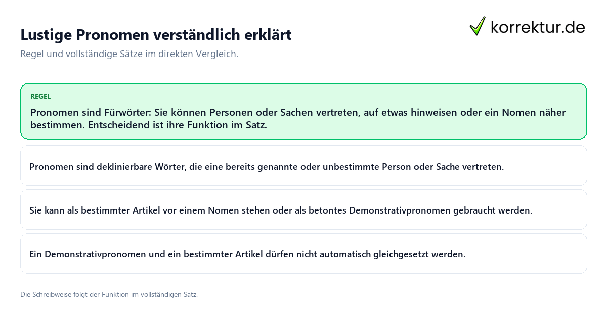Lustige Pronomen verständlich erklärt Konkrete Regel und vollständige Beispielsätze zu Lustige Pronomen verständlich erklärt