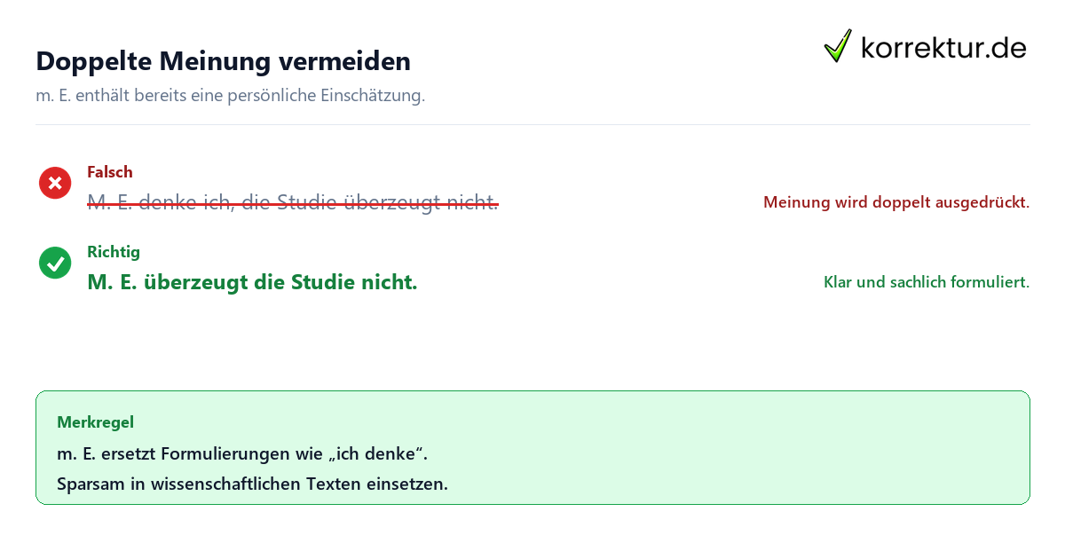 m. E. Bedeutung: korrekte Verwendung in wissenschaftlichen Texten