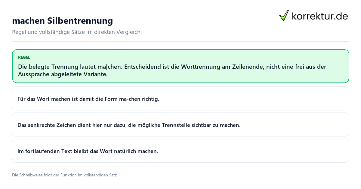 machen Silbentrennung Konkrete Regel und vollständige Beispielsätze zu machen Silbentrennung