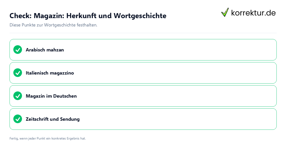 Check: Magazin: Herkunft und Wortgeschichte Magazin: Herkunft und Wortgeschichte: Prüfliste mit vier Punkten
