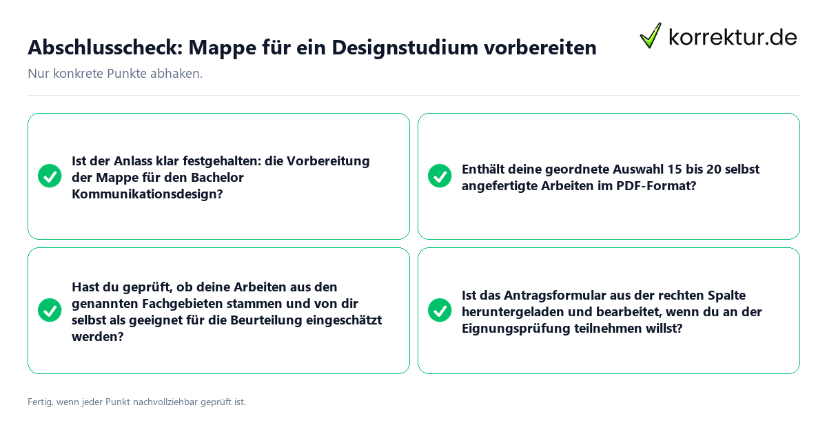 Konkreter Abschlusscheck zu Mappe für ein Designstudium vorbereiten