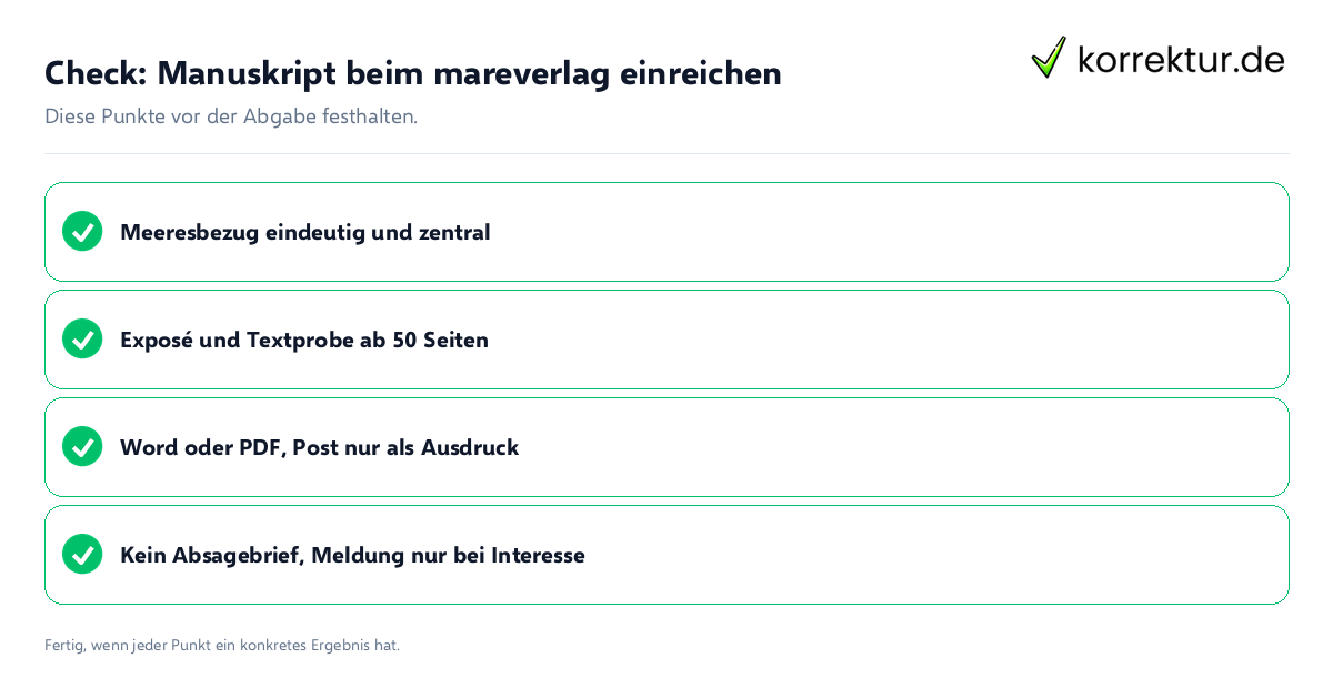 Manuskript beim mareverlag einreichen: Prüfliste mit vier Punkten