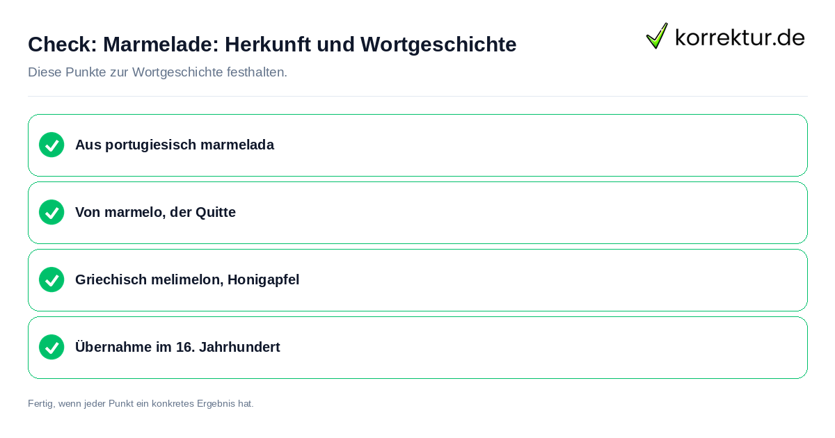 Marmelade: Herkunft und Wortgeschichte: Prüfliste mit vier Punkten