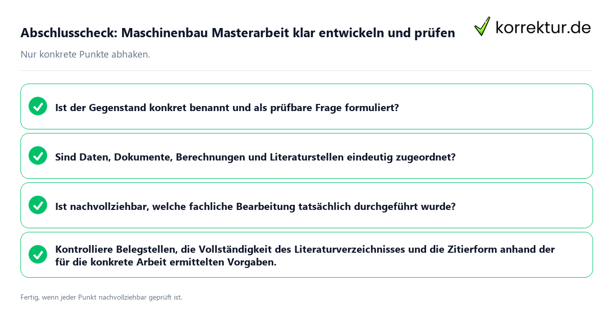 Konkreter Abschlusscheck zu Maschinenbau Masterarbeit klar entwickeln und prüfen