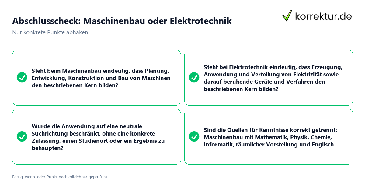 Konkreter Abschlusscheck zu Maschinenbau oder Elektrotechnik