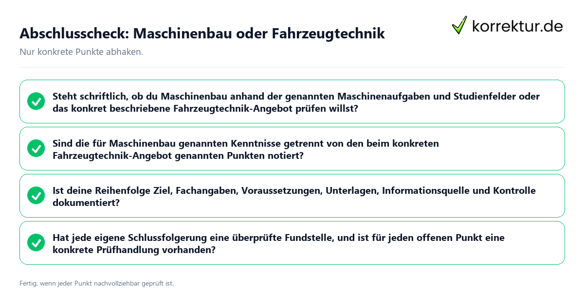 Konkreter Abschlusscheck zu Maschinenbau oder Fahrzeugtechnik