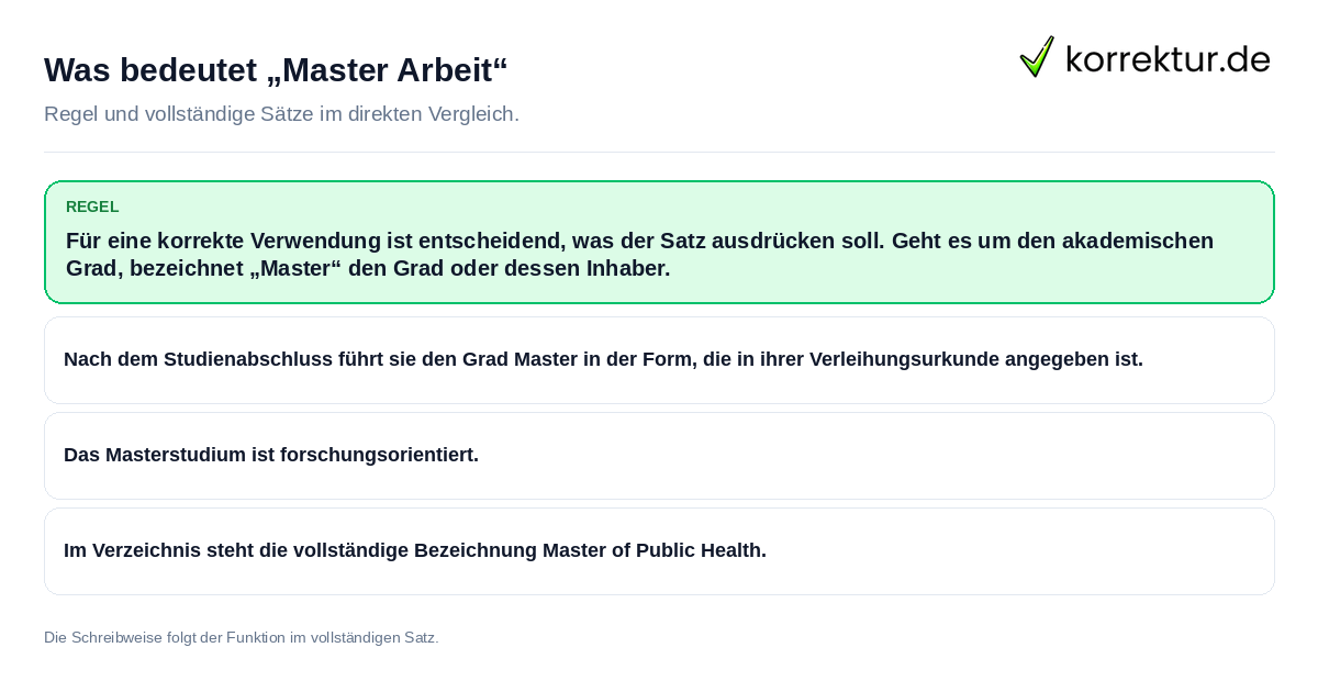 Was bedeutet „Master Arbeit“ Konkrete Regel und vollständige Beispielsätze zu Was bedeutet „Master Arbeit“