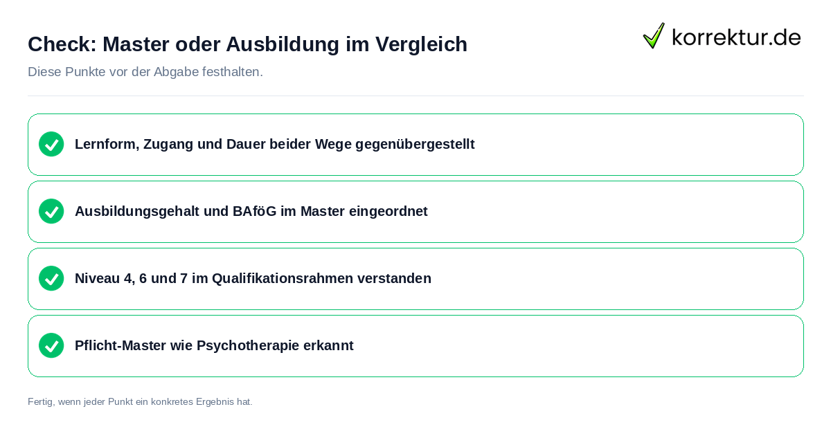 Check: Master oder Ausbildung im Vergleich Master oder Ausbildung im Vergleich: Prüfliste mit vier Punkten