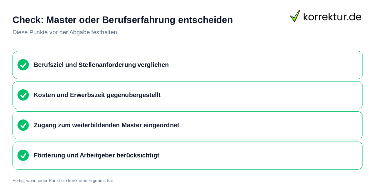 Check: Master oder Berufserfahrung entscheiden Master oder Berufserfahrung entscheiden: Prüfliste mit vier Punkten