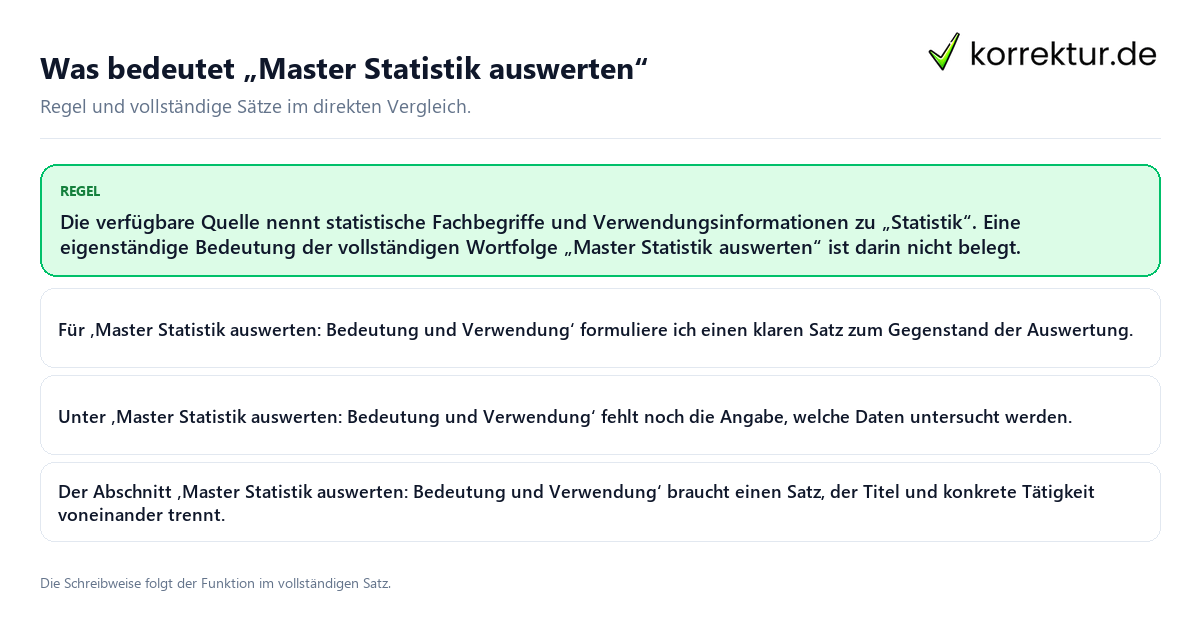 Konkrete Regel und vollständige Beispielsätze zu Was bedeutet „Master Statistik auswerten“