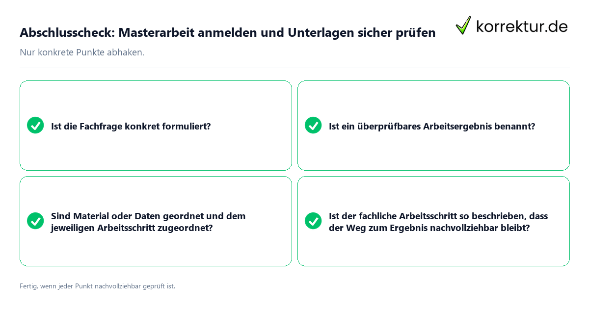 Abschlusscheck: Masterarbeit anmelden und Unterlagen sicher prüfen Konkreter Abschlusscheck zu Masterarbeit anmelden und Unterlagen sicher prüfen